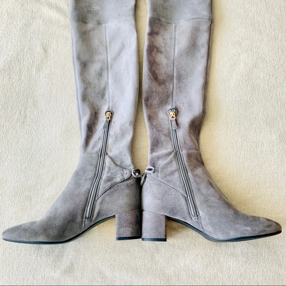 Tory Burch Laila Gray Suede Stretch Over The Knee Boots Size 5 Block Heel OTK